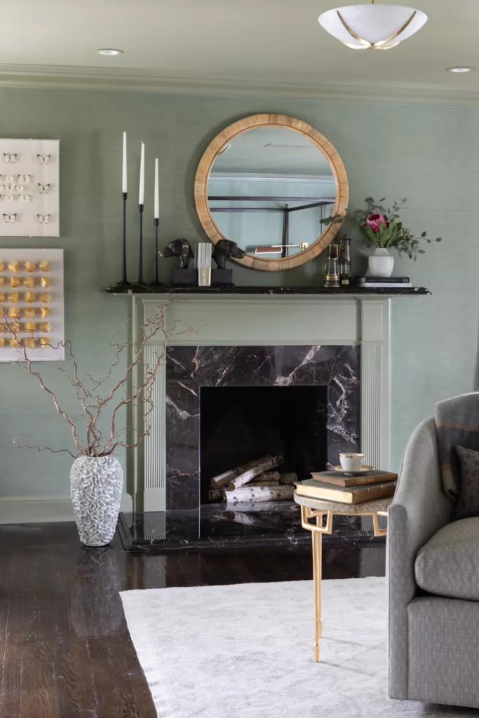 bedroom fireplace chocolate marble green walls grass mirror 