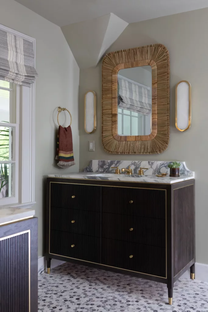 primary suite bathroom custom walnut vanities grooved brass lilac marble viola grass mirror design